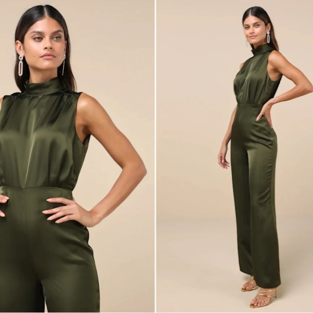LULU's Wedding Formal Sexy Elegant Classy Chic Olive Green Satin Pantsuit - Picture 2 of 5